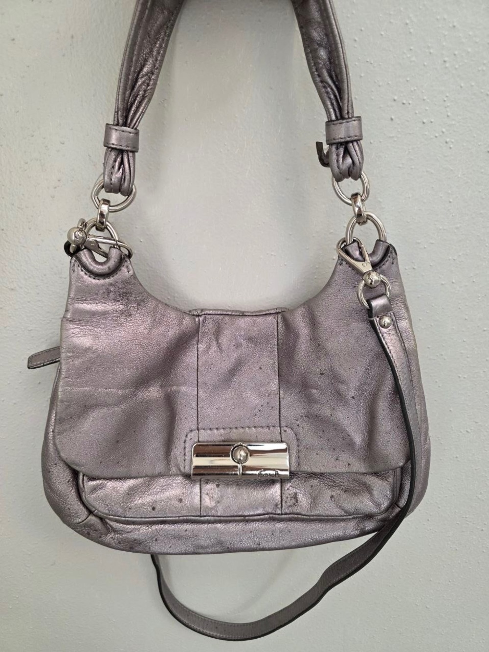 Coach Kristin 16931 Gunmetal Metallic Leather Hobo Shoulder Crossbody Bag